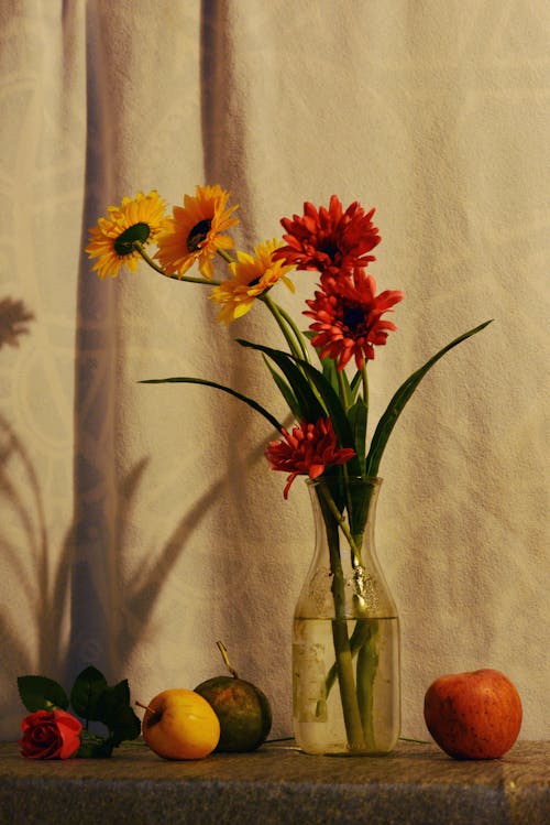 Bunch of Flowers in a Vase and Fruits 