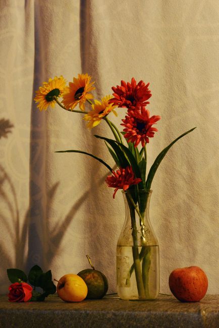 Bright flowers in a vase with assorted fruits displayed, creating a colorful and warm still life scene.