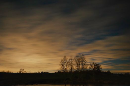 Peaceful silhouette of leafless trees against a dusk sky with clouds during fall.
