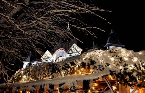 Church Illuminated at Night in Winter