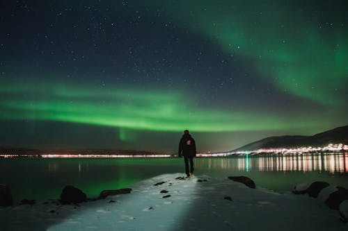 Man Standing on Snow during Northern Lights