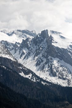 Scenic view of the snowy Alps mountain peaks under a cloudy sky, perfect for adventure and nature lovers.