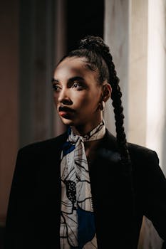 Portrait of an elegant woman in stylish attire with braided hair, showcasing modern fashion.