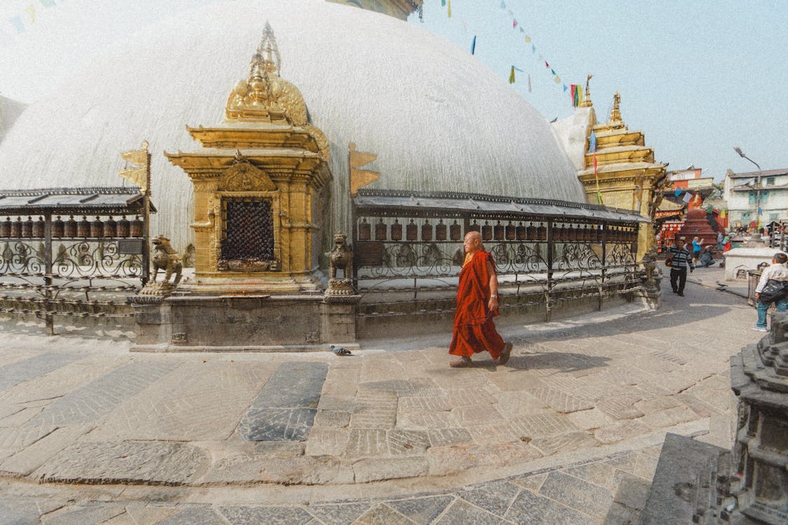 Buddhist Monk Walking near Temple