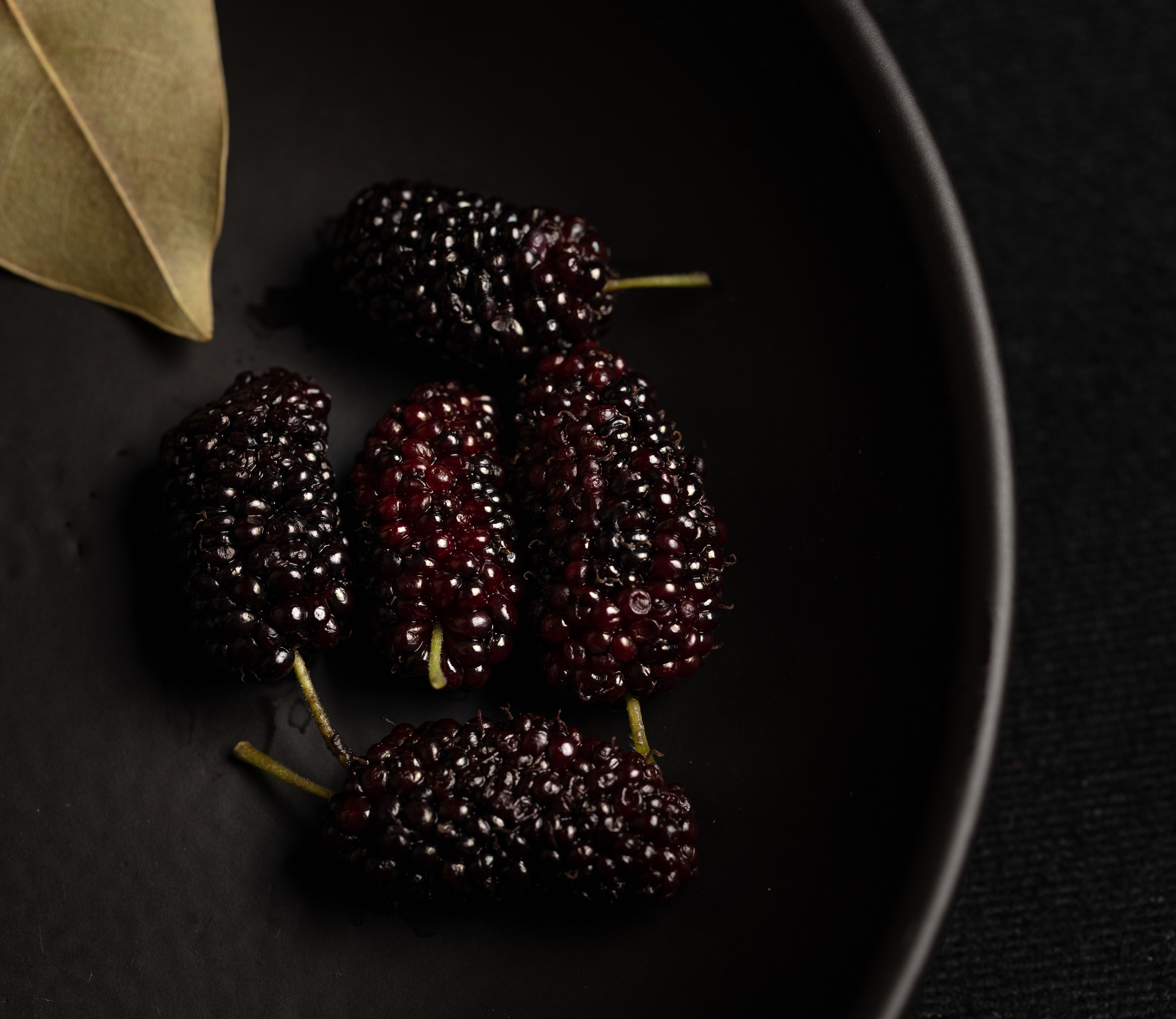 Detailed photo of fresh black mulberries placed on a dark plate with leaf decoration.