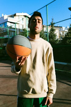 Man with short hair holding a basketball on an outdoor court with urban buildings in the background.