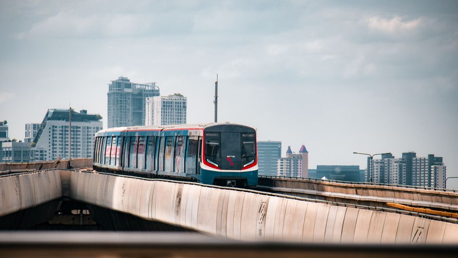 Modern Airport Rail Link train arriving at Suvarnabhumi Airport station in Thailand.