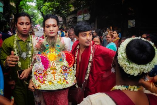 Free Colourful Rath Yatra festival with participants and traditional attire in Kolkata, India. Stock Photo