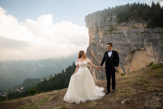 Bride and groom holding hands in a stunning mountain landscape.