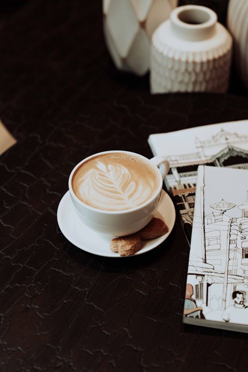 Free A warm cappuccino with intricate latte art, served alongside cookies in a serene café setting. Stock Photo
