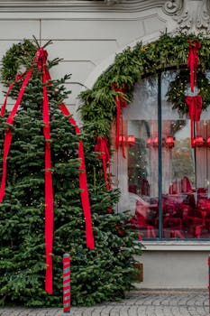 Elegant Christmas tree and storefront in Bucharest adorned with festive ribbons and decorations.