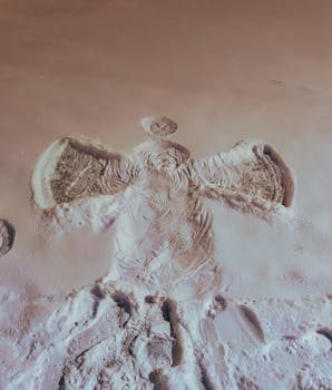 A snow angel impression on a snowy ground in Sweden during winter.