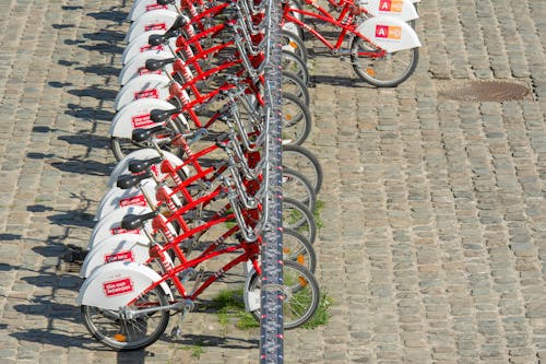 Red Bicycles in a Row on a Cobblestone Pavement