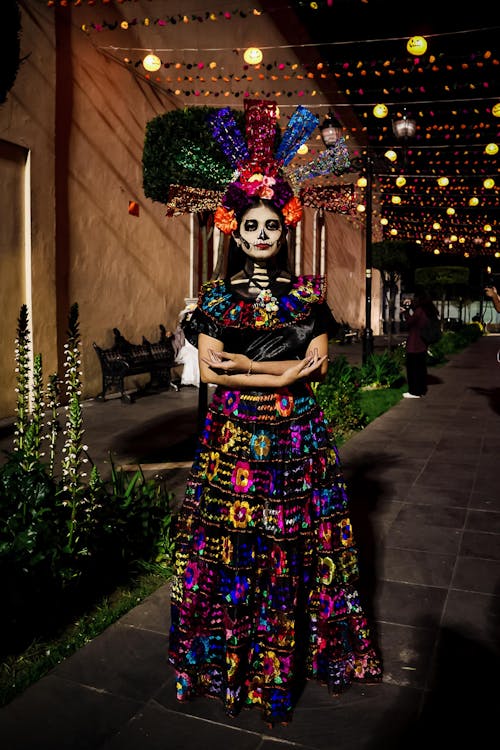 Woman Wearing Traditional Dia De Los Muertos Outfit