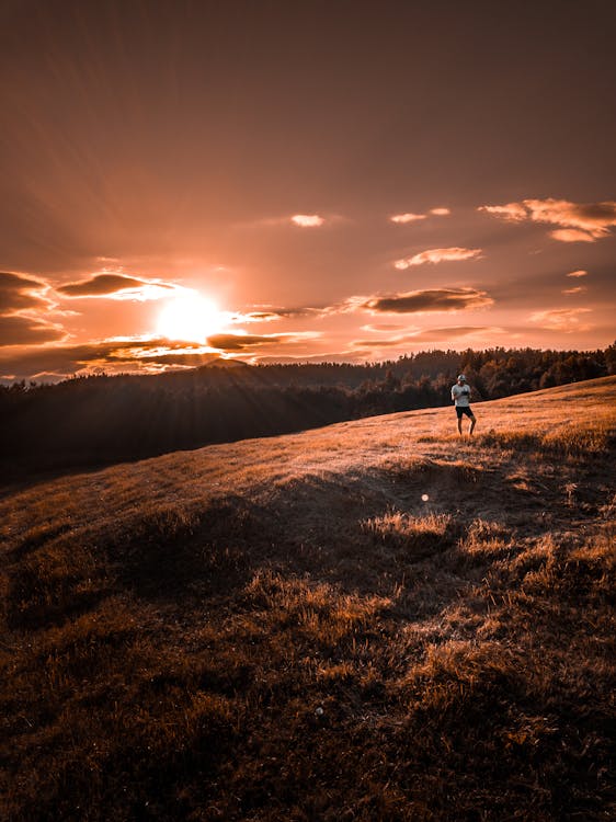 Человек, стоящий на коричневом поле во время восхода солнца