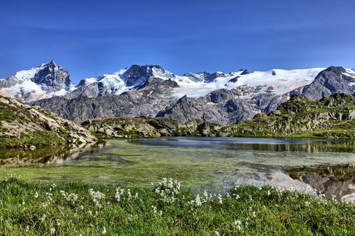 Free Scenic view of Lake in La Grave, snowcapped mountains, and lush greenery. Stock Photo