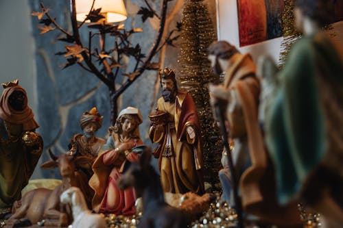 Closeup of a Nativity Scene with Tree Kings