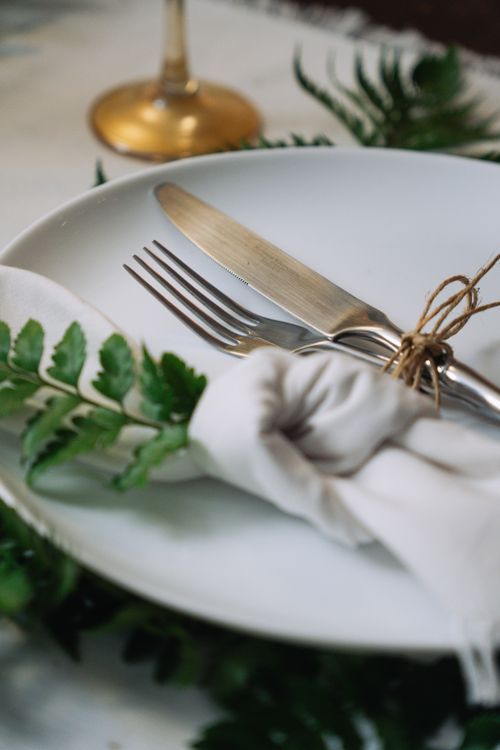 Free Sophisticated dining arrangement with a white plate, cutlery, and fern decor tied by string. Stock Photo