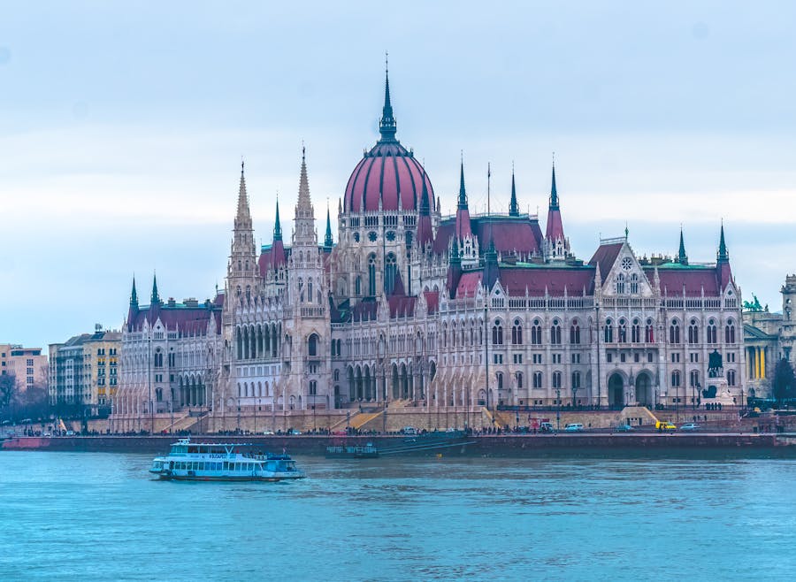 Stunning view of the Hungarian Parliament Building against a sunset sky by the Danube River