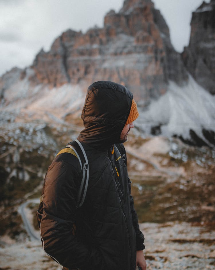 Man In Jacket In Mountains