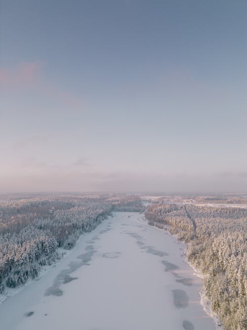 Aerial View of a Winter Landscape of a Forest and Frozen Lake 