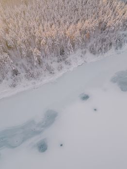 Captivating aerial shot of a winter forest with snow and ice on a frozen lake in Ogre, Latvia.