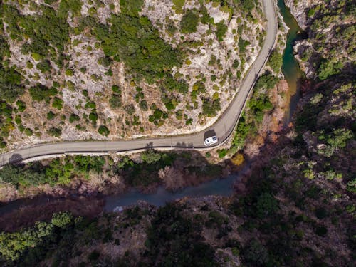 Top View of a Road along a River in a Valley 