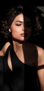 Stylish portrait of a woman with moody high-contrast shadow play.