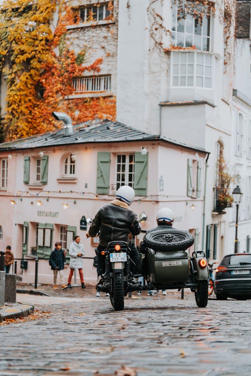 Motorcyce and Sidecar on a Cobbled Street