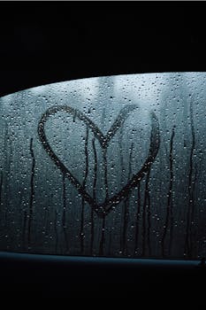 A heart shape drawn on a rainy car window, depicting a romantic and reflective mood.