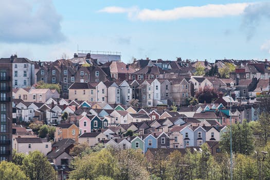 A picturesque view of colorful terraced houses in Bristol, highlighting urban architecture.