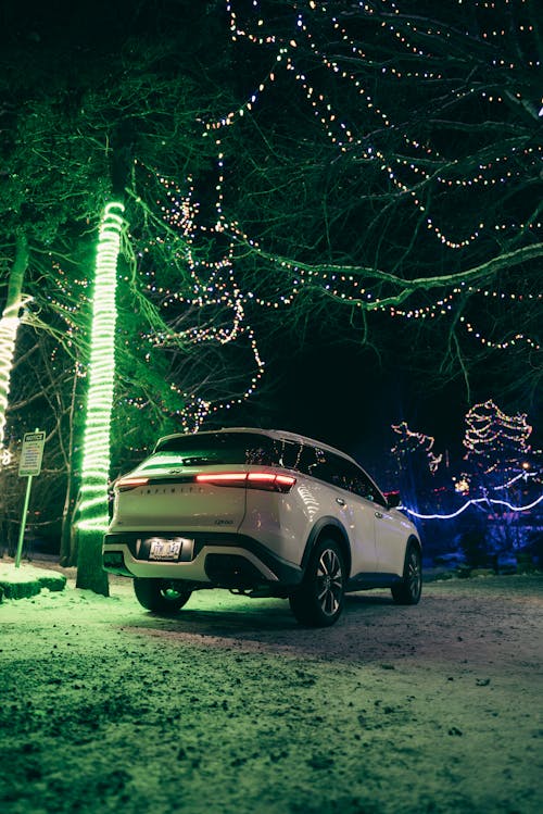 White SUV Infiniti QX60 Among Trees Decorated with Christmas Lights