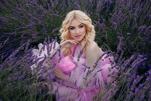 Beautiful woman in a lavender field wearing a pink dress, enjoying the summer outdoors.