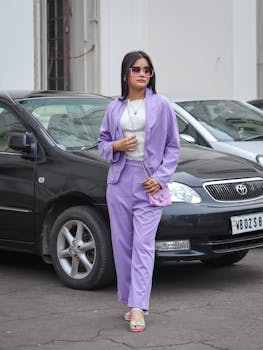 Fashionable woman in a lavender suit standing beside a car, exuding elegance and modern style.