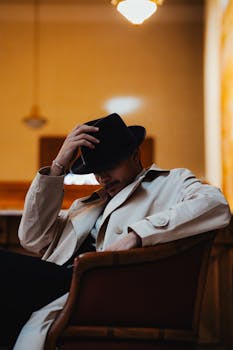 Stylish man in a trench coat and hat sitting in an armchair, capturing a moody indoor ambiance.