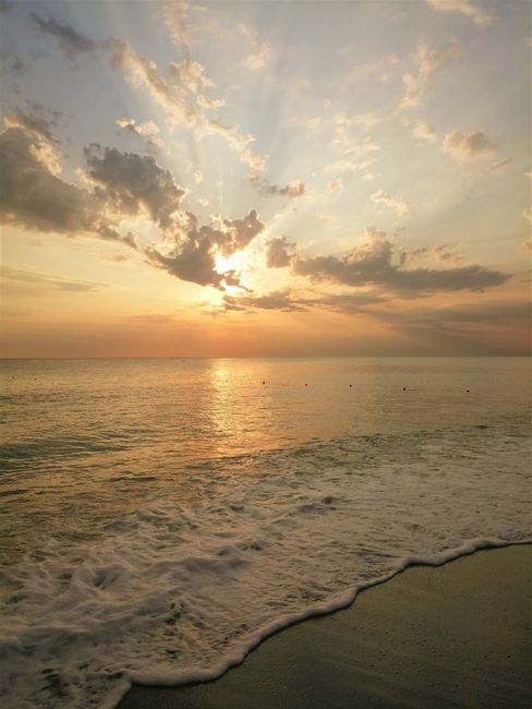 Soothing seascape with sunset over calm waves and sandy shore.