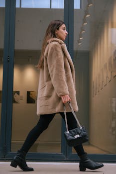 Fashionable woman walking in city wearing a fur coat, black boots, and holding a chic handbag.