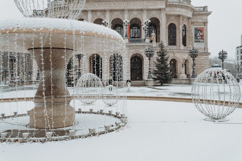 Decorated Fountain by Alte Oper in Frankfurt in Winter