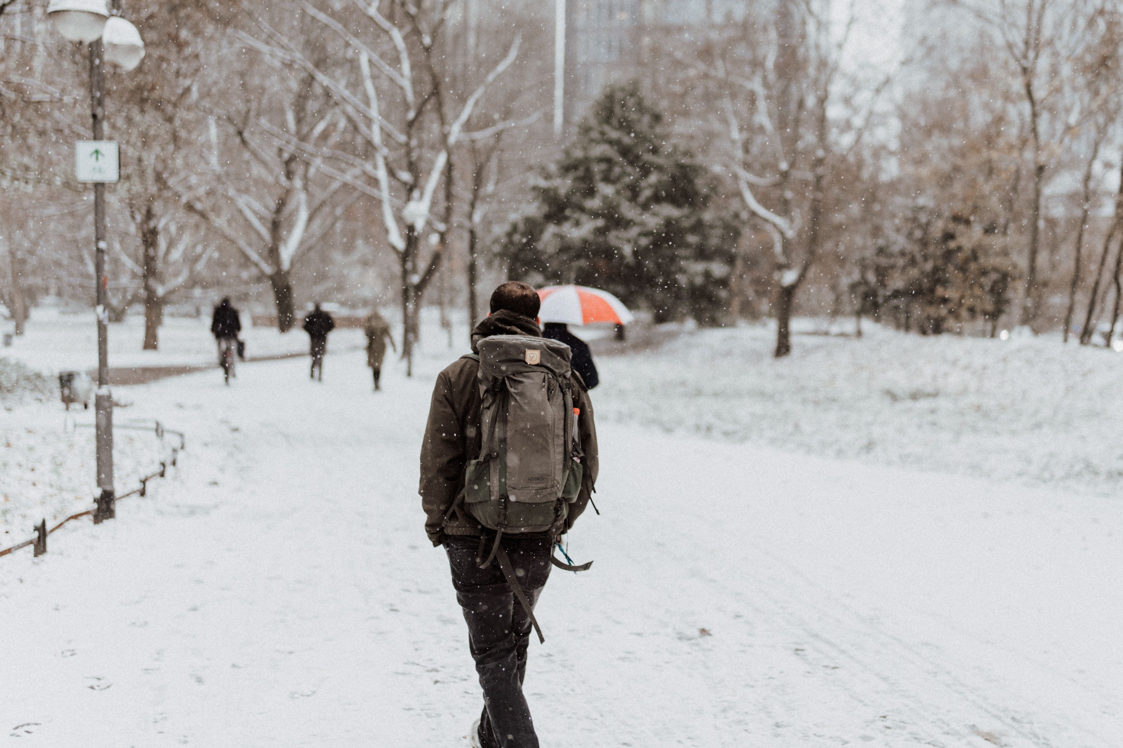A person walks along a snowy park path, wearing a backpack, amidst gently falling snow.