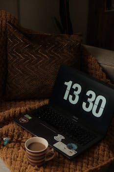 A cozy indoor setup featuring a laptop displaying time, a coffee mug, and a brown blanket.