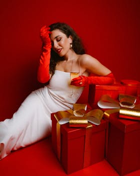 Charming woman in a white dress posing with festive gifts in a red-themed setting.