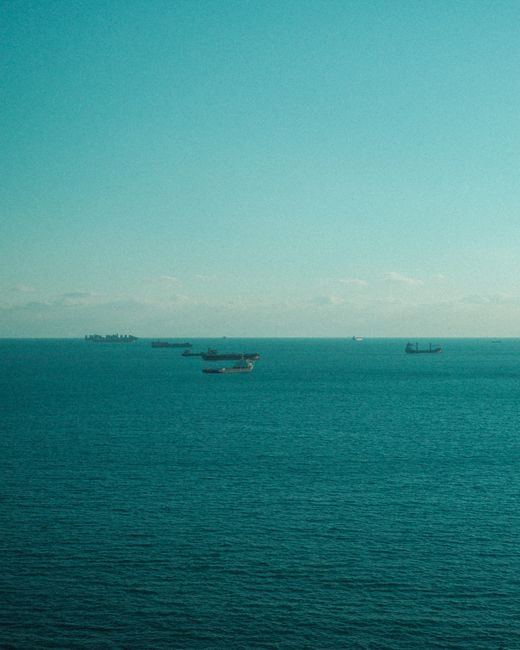 A serene view of cargo ships on the horizon in Busan, South Korea, under a clear sky.