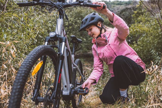 Woman in pink jacket adjusting her bicycle in a lush forest setting, showcasing outdoor activity and adventure.