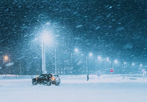 December blizzard at night in the streets of Vitebsk