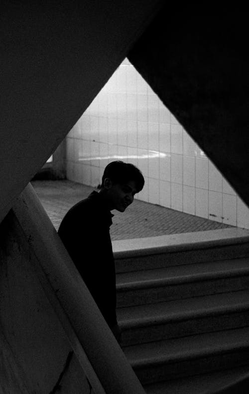 Man in a Metro Station in Black and White 