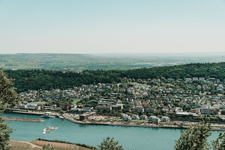 Town On The Bank Of River Rhine In Summer