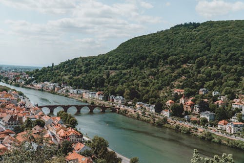View of the the Karl Theodor Bridge over the Neckar River in Heidelberg, Germany