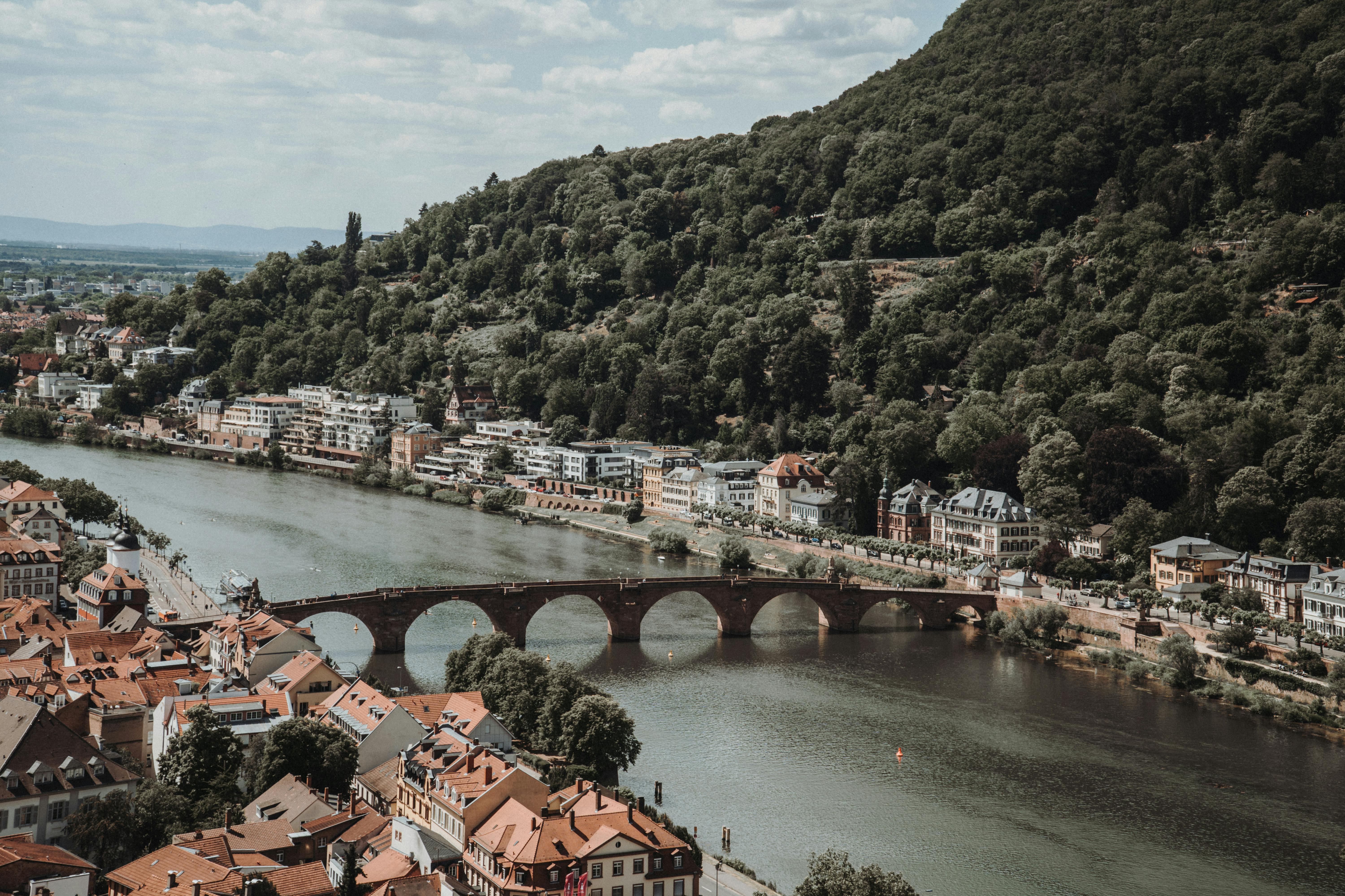Aerial view of Heidelberg's historic Old Bridge crossing the scenic Neckar River.