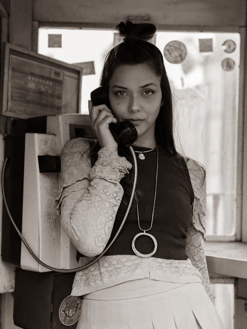 Woman Talking on the Phone in Black and White 