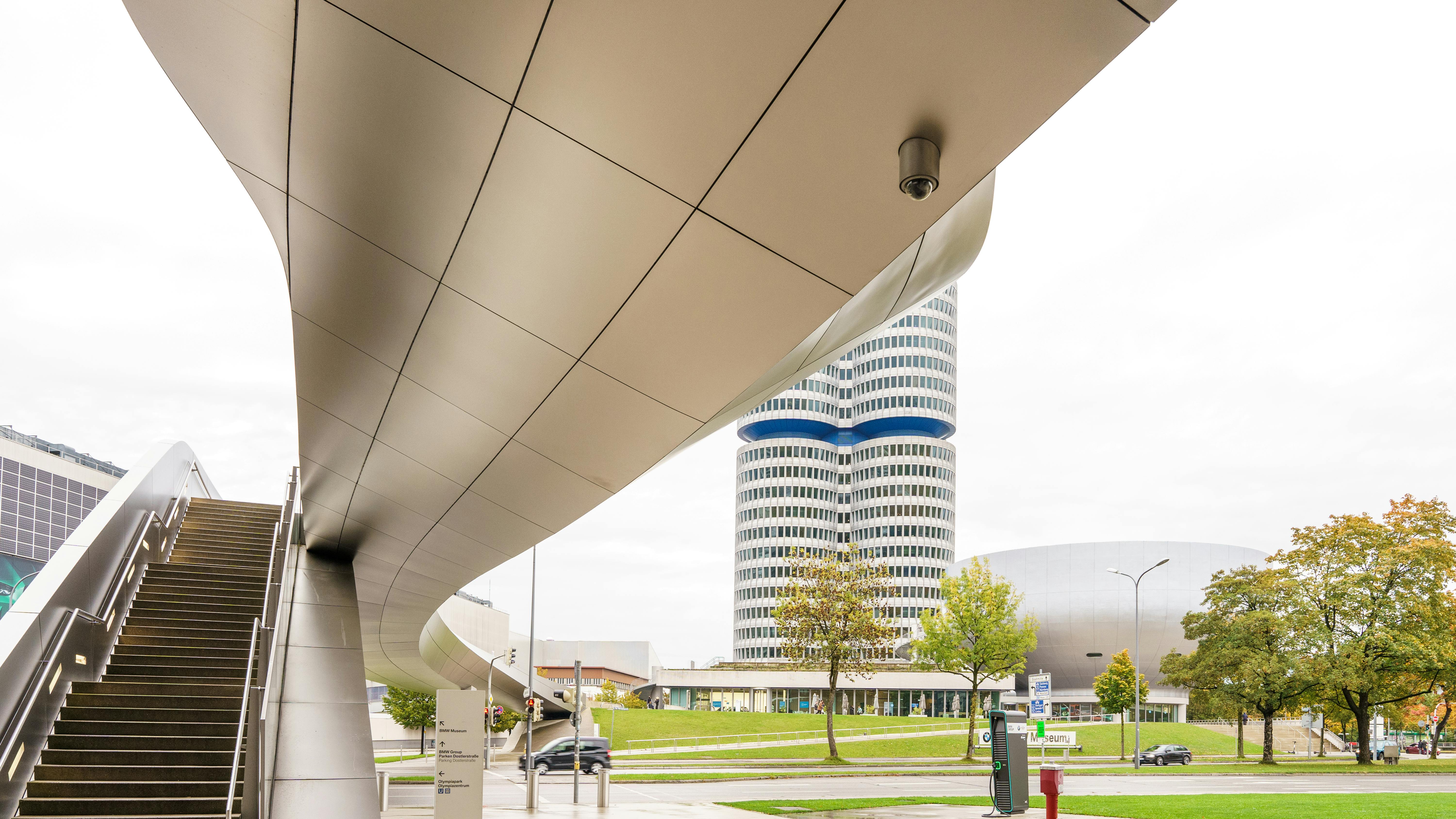 Modern architecture in Munich featuring the iconic BMW headquarters and museum.